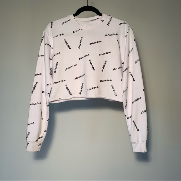 Dickies White Long Sleeve Crop Top Crewneck with black logo size S - Picture 1 of 4